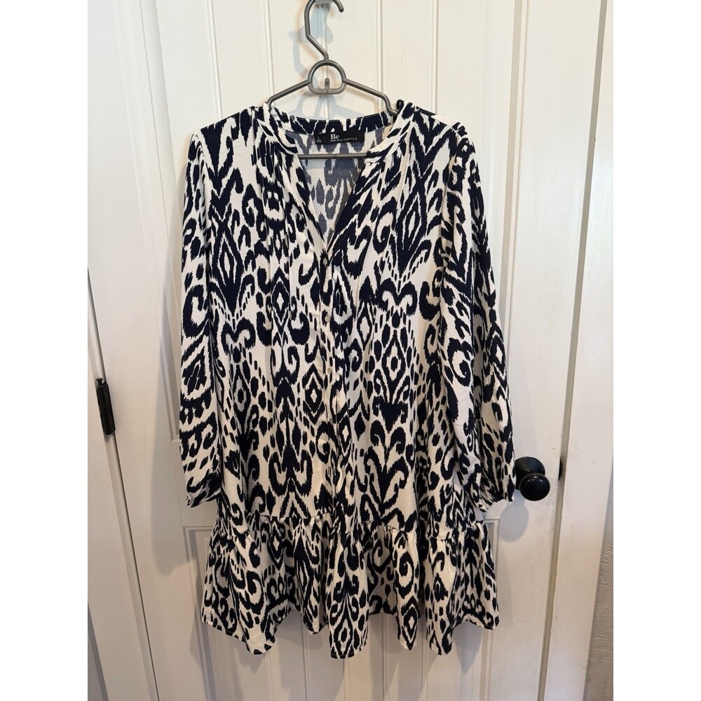 Be by Chetta B Dress L Navy Ivory Ikat Button Front Drop Waist Ruffle